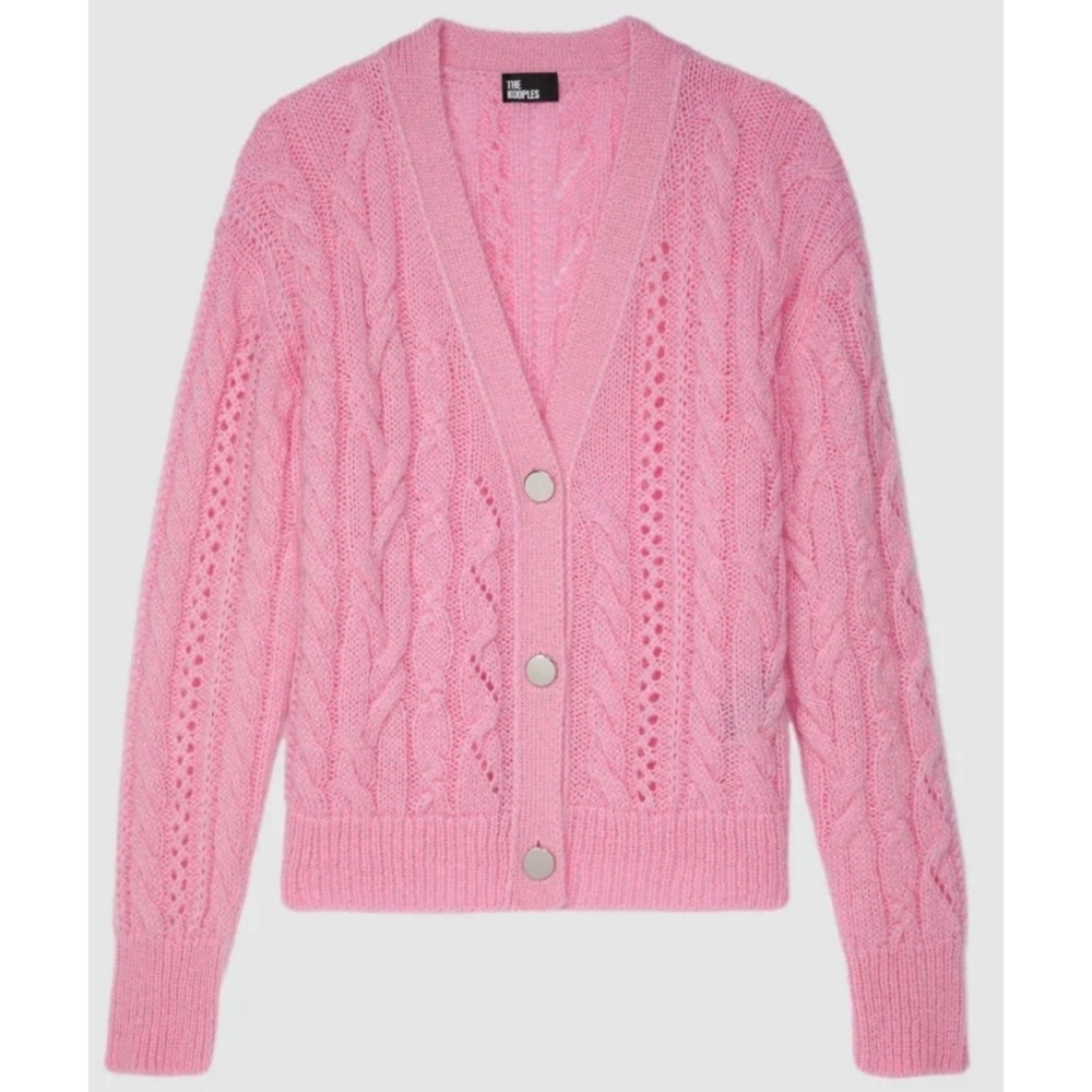 The Kooples NWT V Neck Cable Weave Knitted Cardigan Size FR 3/US 8 Color Pink